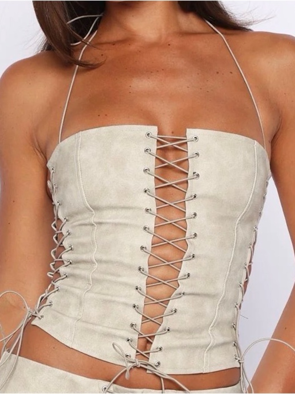 White Fox Boutique Lace-Up Halter Corset Top in Light Beige